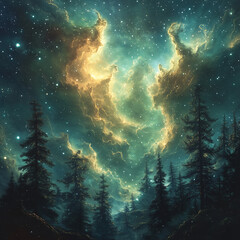 Obraz premium Ethereal Forest Silhouette Beneath Swirling Green Cosmic Nebula