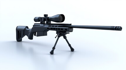 A modern sniper rifle, designed to fire .338 caliber bullets, is shown with a bipod. The rifle stands alone against a clean white background.