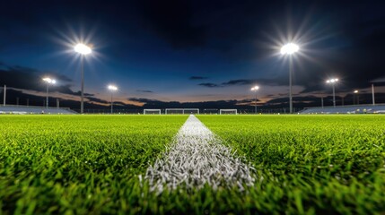 Illuminated Soccer Field at Dusk with Green Grass