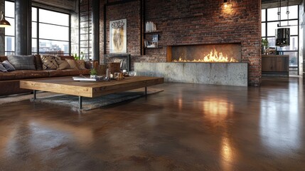 An industrial living room featuring polished concrete floors, a wooden coffee table, and a brick wall with a built-in fireplace