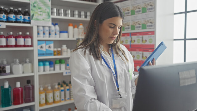 A focused woman pharmacist reviews inventory on a tablet inside a well-stocked pharmacy
