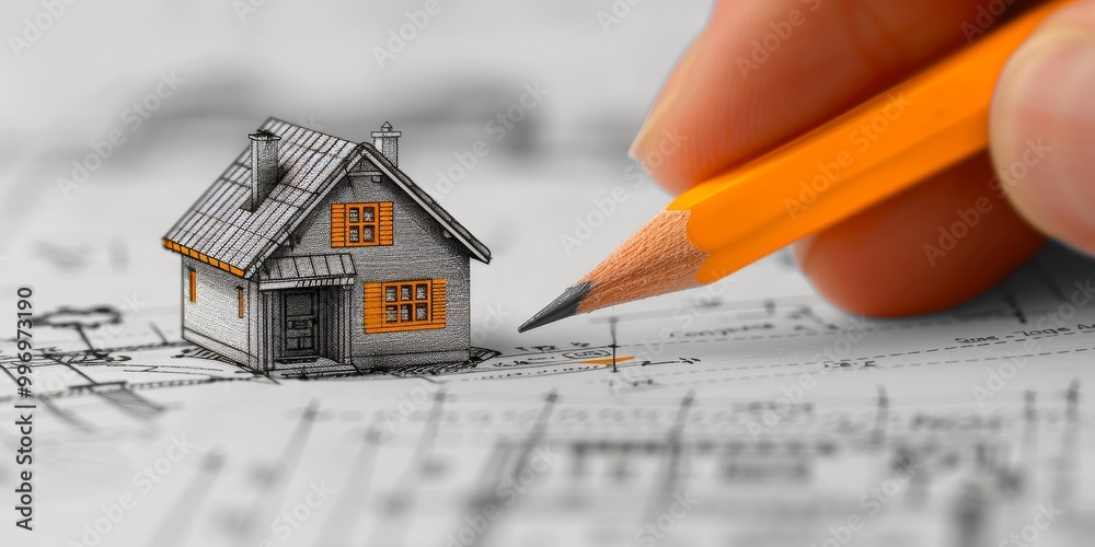 Poster miniature house model with a pencil on an architectural plan, representing the detailed design and p