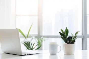 Minimalist home office setup with a laptop and green plants on a white desk, creating a clean and bright workspace that promotes productivity and creativity., Generative AI