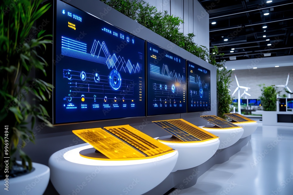 Poster a smart city control center monitoring energy usage, with displays showing data from solar panels, w