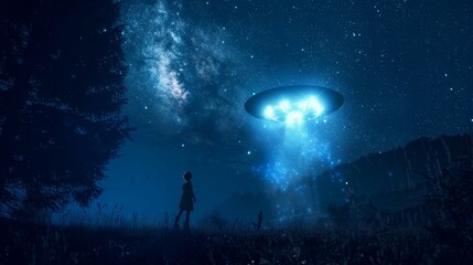 Fototapeta premium A lone figure stands in a field at night, gazing up at a glowing UFO in the sky,World UFO Day