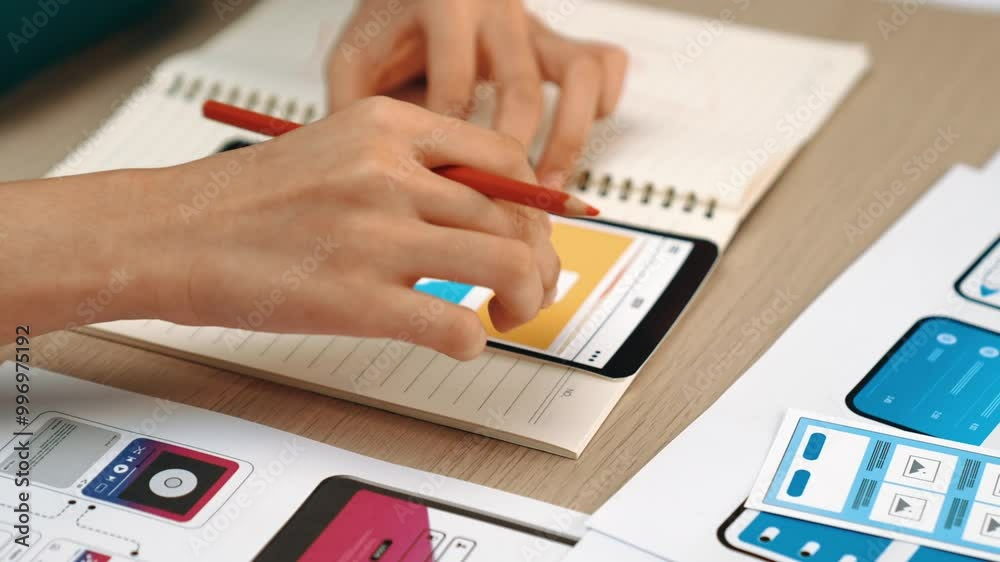 Wall mural startup company employee planning for user interface prototype for mobile application or website in 