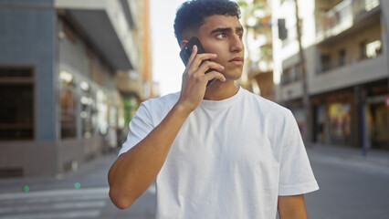 A young adult man in casual attire talking on a smartphone on an urban city street during the day.