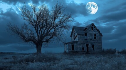 A spooky, old wooden house stands alone under a stormy night sky.  A single tree stands nearby, silhouetted against the moon.  The place looks abandoned and haunted.