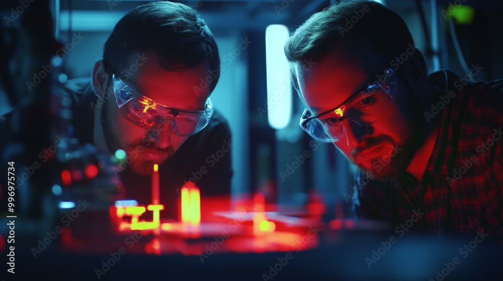 Fototapete Two researchers in protective eyewear focus intently on a red laser experiment inside a laboratory. The room is illuminated by glowing equipment, creating a vibrant atmosphere for their work.