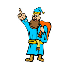 A whimsical cartoon illustration of Saint Nicholas, dressed in a blue robe with a yellow belt, a red backpack, and a pointed ha