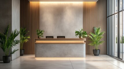 Modern reception area with sleek design, plants, and warm lighting.