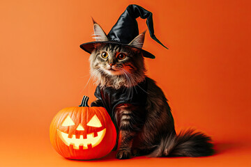A cat dressed in a witch costume with a hat, sitting next to a glowing Halloween pumpkin against an orange background.