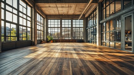 An industrial loft conversion with an open floor plan, wooden floors, high ceilings, and large factory-style windows