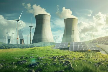 Combination of wind turbines, solar panels, and nuclear power plant, representing diverse energy sources and the balance between renewable and traditional energy technologies., Generative AI