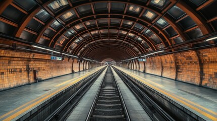 A wide view of a European subway station, showing the tracks and platforms extending into the distance.