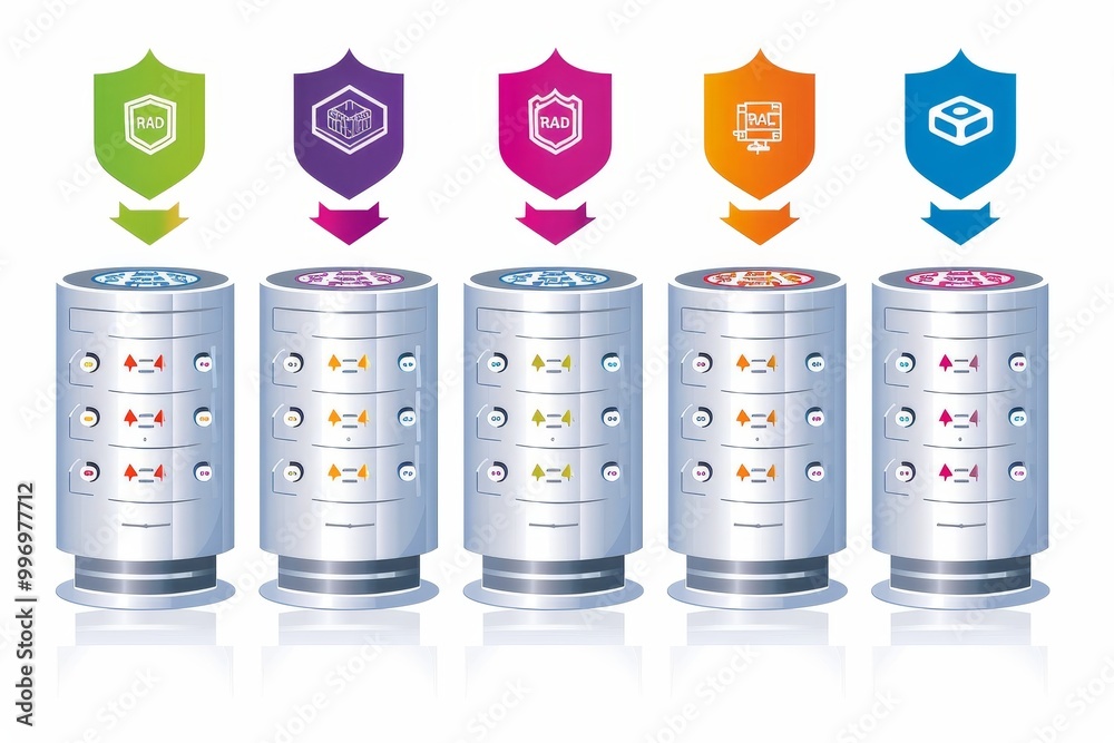 Poster Illustration of RAID database system with storage and data flow arrows, representing modern technology, data management, and information storage solutions., Generative AI