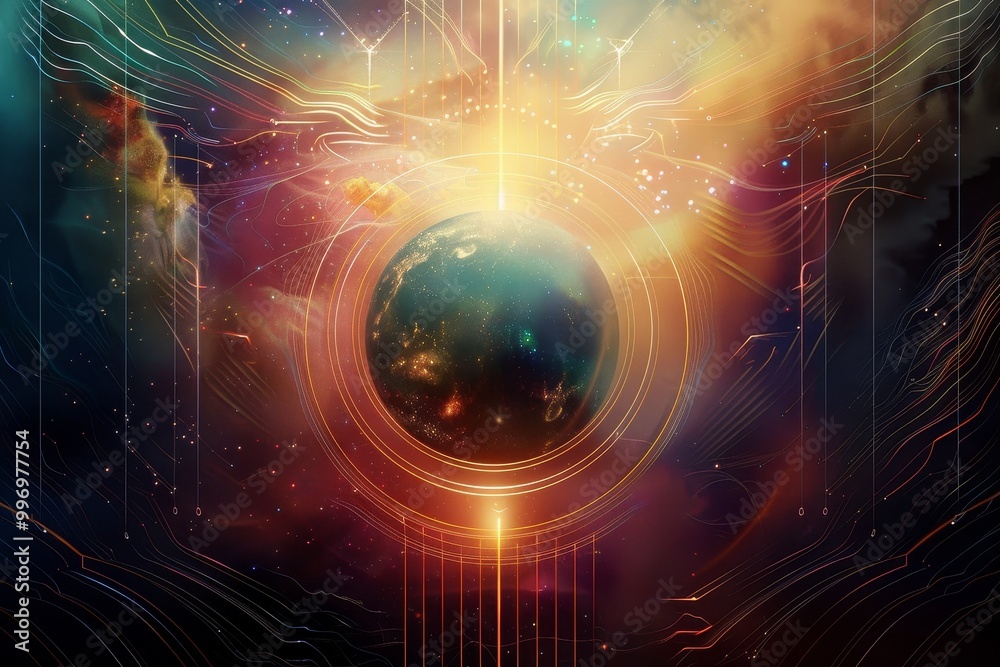 Poster Futuristic digital representation of Earth in the universe, blending technology and cosmic elements to illustrate global connectivity and space exploration., Generative AI