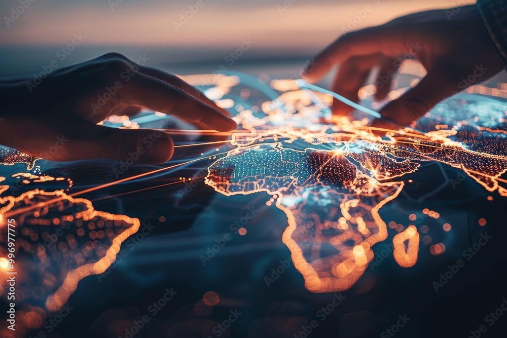 Poster Hands interacting with a digital global network, symbolizing technology, international connectivity, and the seamless communication across the interconnected digital world., Generative AI