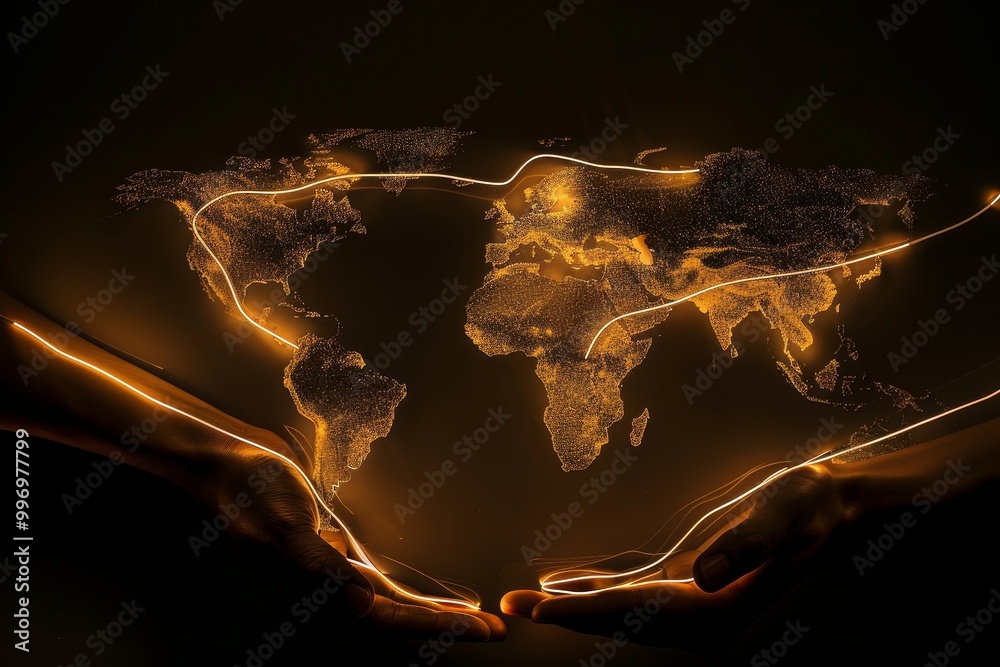 Leinwandbilder hands interacting with a digital global network, symbolizing technology, international connectivity,