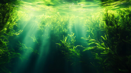 Fototapeta premium A calm subaquatic environment with flowing green seaweed, softly shimmering marine life