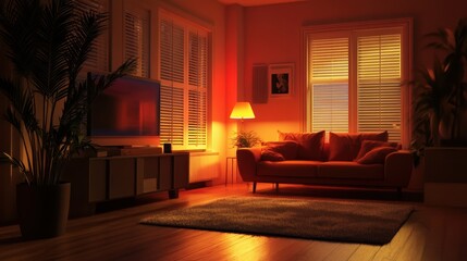 A cozy living room with a couch, a TV, plants, and a lamp, bathed in warm, orange light