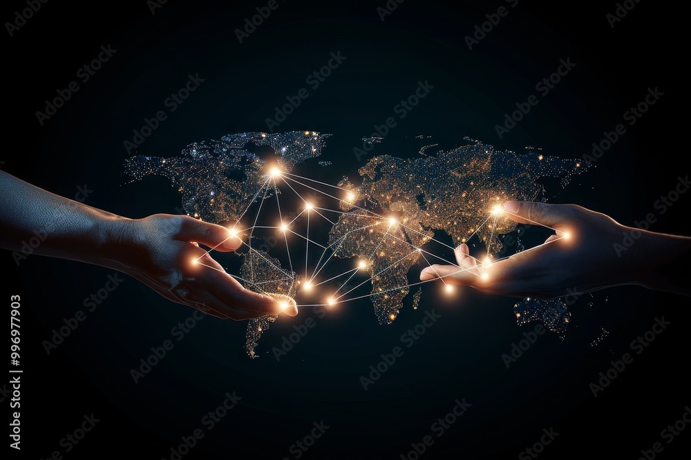 Poster Hands interacting with a digital global network, symbolizing technology, international connectivity, and the seamless communication across the interconnected digital world., Generative AI