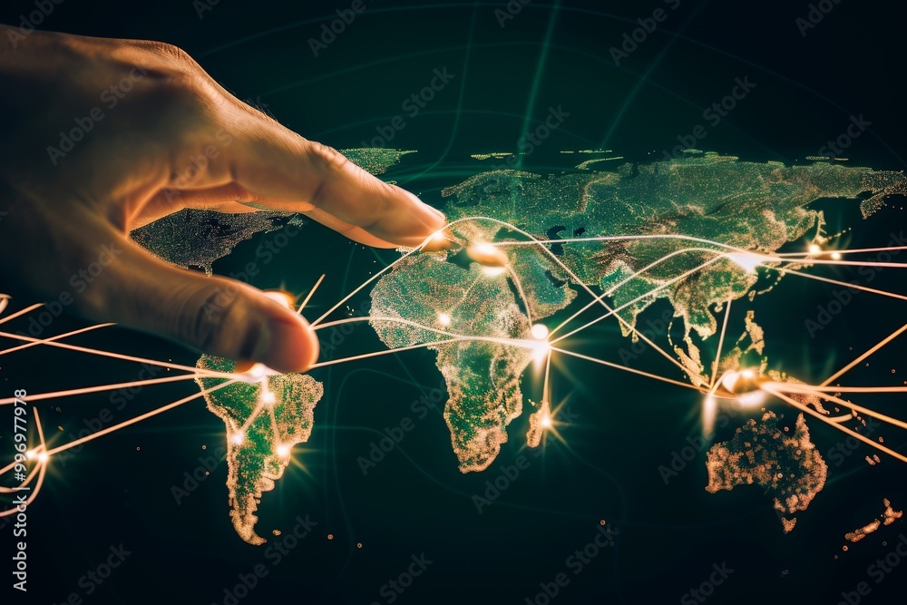 Aufkleber hand interacting with a global network map, representing digital technology, international connectiv