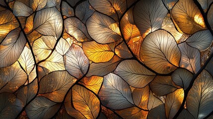 Dark leaves with golden accents in a textured abstract pattern, close-up nature background, Ai Generation