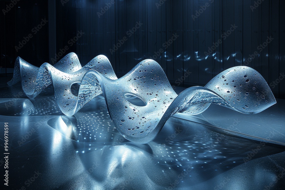 Poster modern abstract glass installation featuring fluid wave-like shapes, highlighting innovation, artist