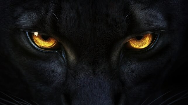 Black panther eyes background, wild cat animal face in night, vector yellow eyeballs in dark. Black panther eyes glow look in macro closeup, wildlife cheetah, puma or cheetah yellow evil eyes on blac