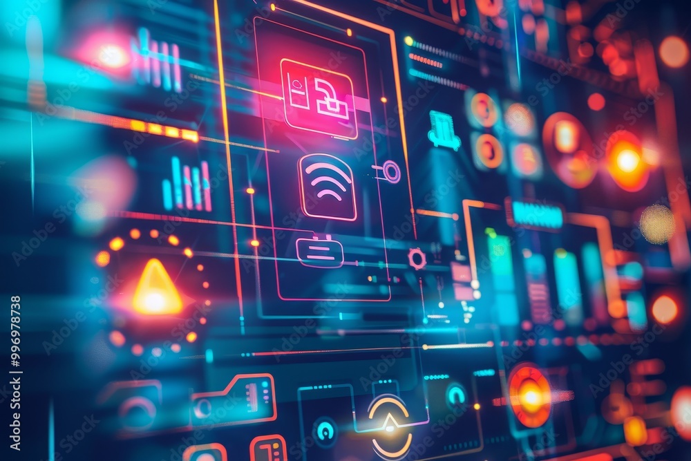 Aufkleber Digital infographic screen displaying data and graphs, representing modern technology, information visualization, and data analysis in a high-tech environment., Generative AI