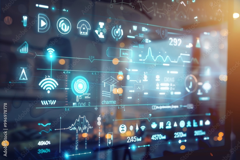 Poster Digital infographic screen displaying data and graphs, representing modern technology, information visualization, and data analysis in a high-tech environment., Generative AI