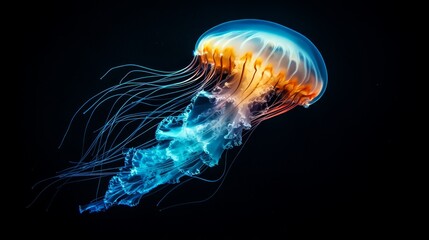 A bioluminescent jellyfish floats effortlessly in deep water, casting a radiant glow that lights up the darkness around it, captivating the viewer