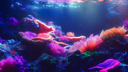 Fototapeta premium Subaqueous vibrant coral formation with neon light, Underwater , Marine biology and oceanic beauty concept