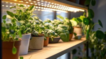 Houseplants are thriving under special grow lights on a wooden shelf.  These lights help them get enough sunlight during the short winter days.