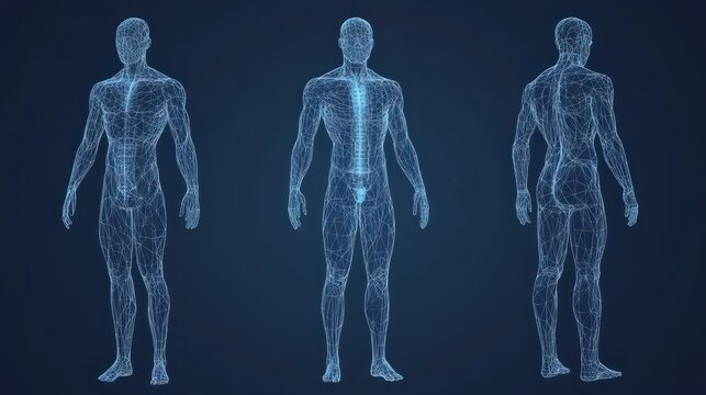 Blueprint set of 3D polygonal wireframes of the human body in temlate format.