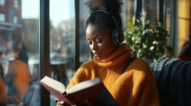 A woman with dark curly hair pulled up in a ponytail wears a yellow sweater and headphones as she sits at a table in a cafe and reads a book.