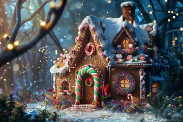A whimsical gingerbread house with candy decorations and a snowy roof. The house is surrounded by a magical forest with twinkling lights and colorful flowers.