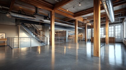 Fototapeta premium An industrial loft with polished concrete floors, wooden beams, and metal railings around a spacious open plan area
