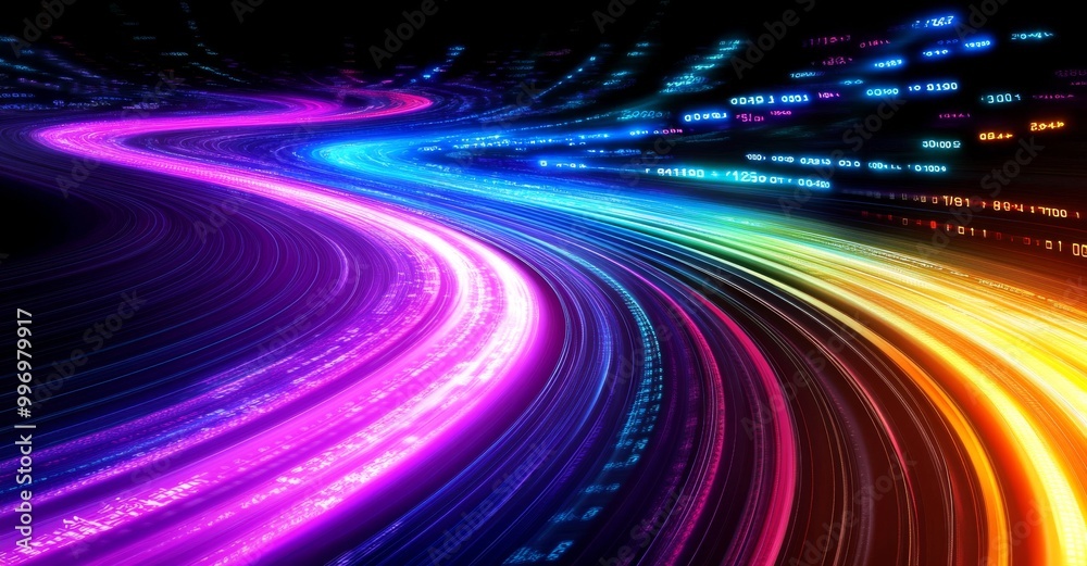 Poster a futuristic wave with binary code. a futuristic black and white image. a futuristic wave on a neon 