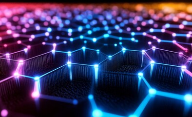 Fototapeta premium Blockchain data fields. Connect stream between networks. AI technology, digital communication, science research, 3D illustration of neural cells.