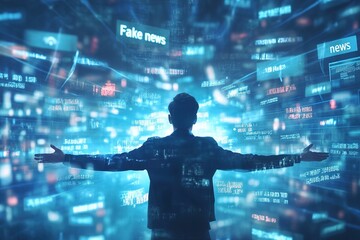 a man with outstretched arms in a stream of information, among which is the inscription "fake news"