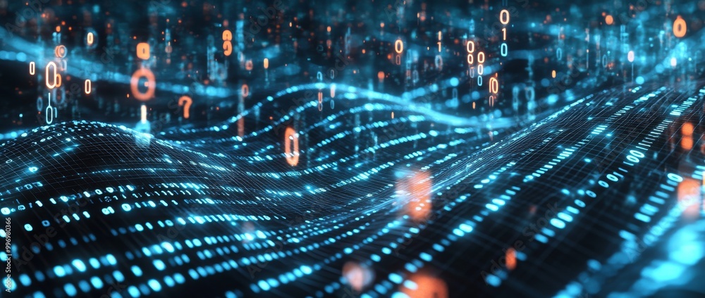 Fototapete An illustration of terabytes of binary code data flying in a flood of data. Wavy field of coding blockchains. Neural network, points, and figures in 3D.