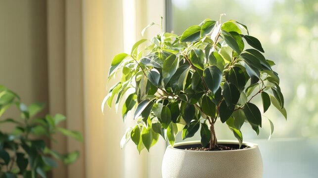 The leafy branches of a ficus Benjamin plant fill a round pot. This shows how houseplants add a touch of green to any home.