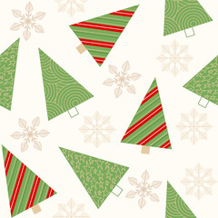 Obraz premium Doodle festive endless Christmas tree texture with gold snowflakes. Holiday repeating pattern Handdrawn winter background Modern geometric holiday design for print, wallpaper, wrapping, cover, textile
