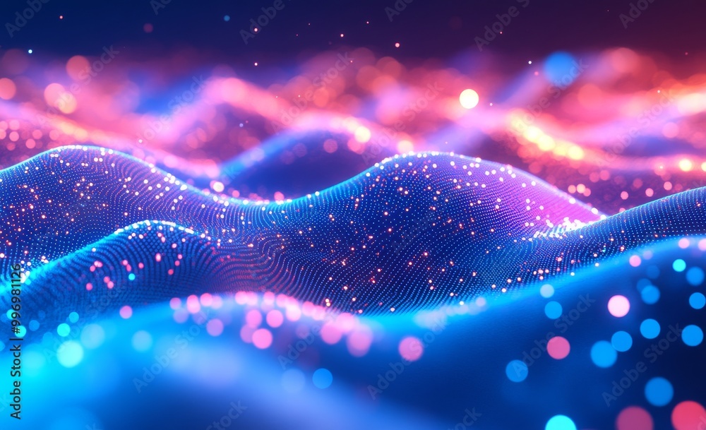Poster information flow through neon strings as data particles. three-dimensional illustration of digital s