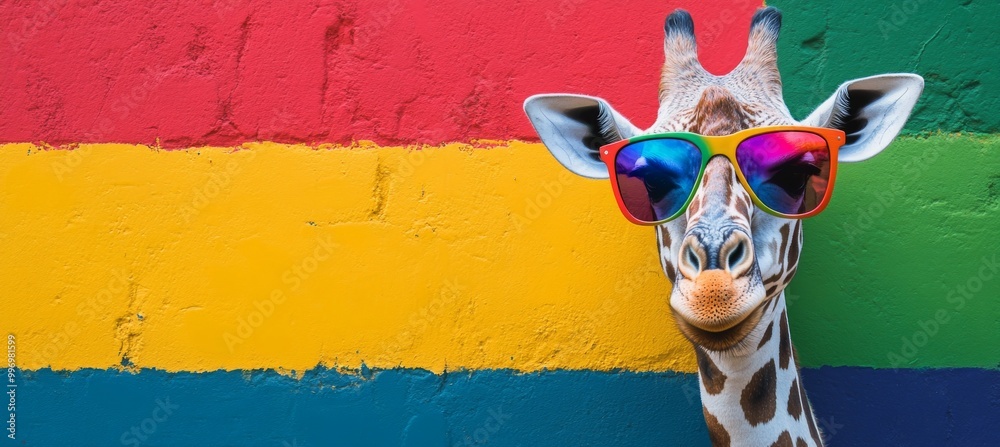 Wall mural funny giraffe wearing glasses with multicolored style. surreal and surrealistic art in a background 