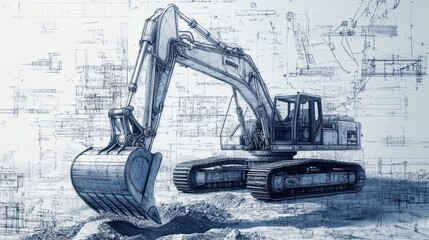 Detailed engineering illustration of an excavator with blueprint overlay enhances understanding of mechanical design and functionality