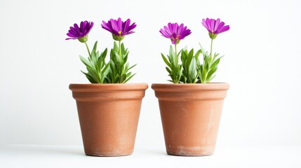 Fototapeta premium Two flower pots, each holding a purple plant, are shown against a white background.