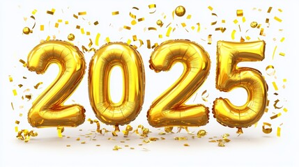 The text Happy New Year 2025 is formed by golden balloons on a cutout background, which is perfect for decoration and celebrations for the New Year.
